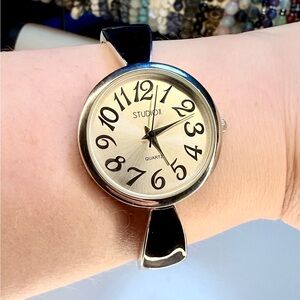 Studio Time Cuff Watch Silver Tone Quartz Watch with Black Accents